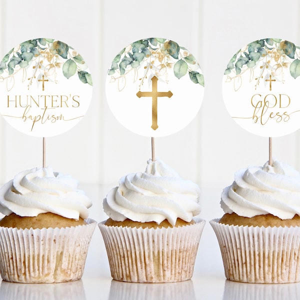 Baptism Cupcake Toppers, Christening Cupcake Toppers, Printable Greenery Cupcake Topper, Editable Cupcake, Greenery Baptism Decor Gold