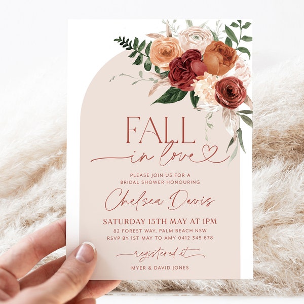 Fall in Love Bridal Shower Invitation, Marsala Flowers, Fall Bridal Shower Invitation, Floral Kitchen Tea Invitation Template, Bridal Brunch