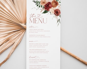 May include: A wedding menu with a floral design featuring red, orange, and white flowers. The menu includes entree, main, and dessert options. The text reads "the MENU" with a heart symbol.