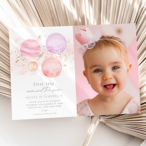 First Trip Around The Sun Birthday Invitation Template With Photo, Girls First Birthday Space Photo Invitation, Printable 1st Birthday Space