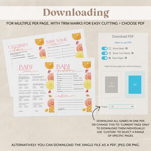May include: Printable baby shower games with a citrus theme. The games include a baby name race, celebrity babies trivia, and baby predictions. The games are designed to be printed on 8.5 x 11 inch paper or A4 paper. The games can be downloaded as a single PDF file or as individual pages.
