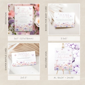 May include: A set of printable baby shower cards featuring a watercolor butterfly design with pink, purple, and green flowers. The cards include an invitation, a diaper raffle card, a welcome sign, and a book request card. The cards are available in various sizes, including 5x7 inches, 3.5x5 inches, 2x3.5 inches, 18x24 inches, and 24x36 inches.