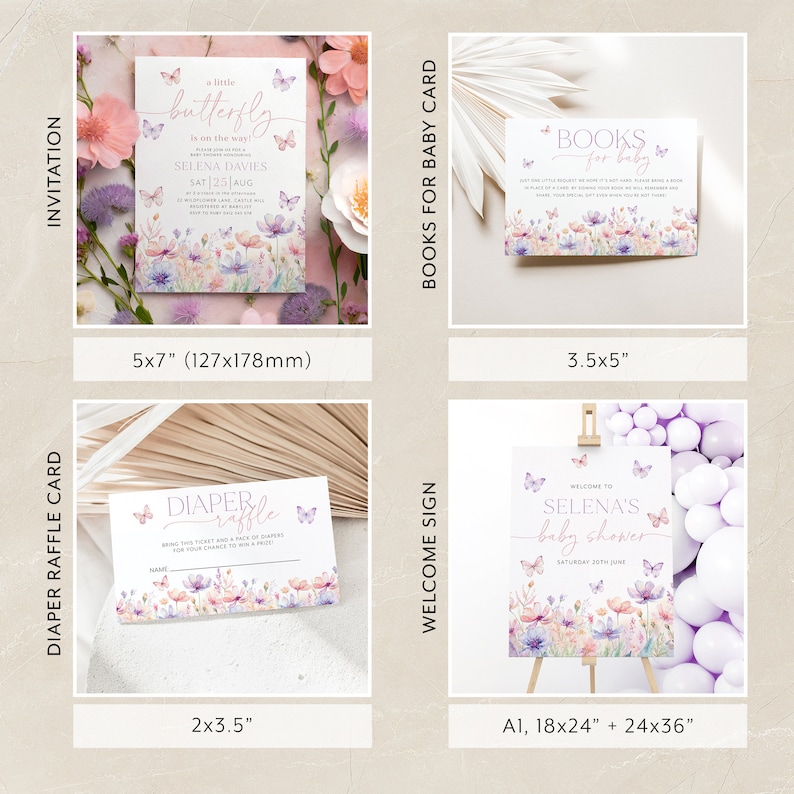 May include: A set of printable baby shower cards featuring a watercolor butterfly design with pink, purple, and green flowers. The cards include an invitation, a diaper raffle card, a welcome sign, and a book request card. The cards are available in various sizes, including 5x7 inches, 3.5x5 inches, 2x3.5 inches, 18x24 inches, and 24x36 inches.