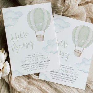 Hot Air Balloon Baby Shower Invitation, Hot Air Balloon Invite, Up and Away, Adventure Awaits, Travel, Green Hot Air Balloon Gender Neutral