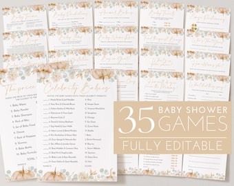 May include: A set of 35 printable baby shower games with a fall theme. The games feature a watercolor design with pumpkins, leaves, and eucalyptus branches in shades of brown, beige, and green. The text "Baby Shower Games" is written in a large, bold font.
