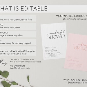 May include: A digital invitation design with the words "Bridal Shower" and "Bridal Brunch" in elegant script. The design includes editable text, graphics, backgrounds, and photos. Computer editing only, phone/tablets not supported.