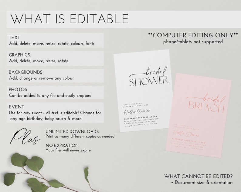 May include: A digital invitation design with the words "Bridal Shower" and "Bridal Brunch" in elegant script. The design includes editable text, graphics, backgrounds, and photos. Computer editing only, phone/tablets not supported.