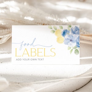 Main Squeeze Bridal Shower Food Labels, Food Label Card, Food Tent Cards, Food Tags, Folded Food Cards Tented, Blue Lemon Mediterranean
