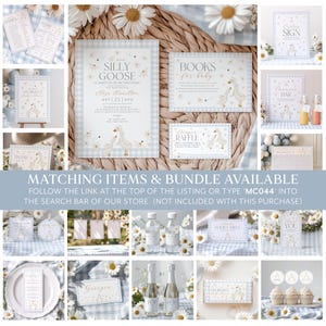 K&ouml;nnte beinhalten: Eine Collage von Bildern mit einem Babyparty-Thema mit einem albernen G&auml;nse-Design. Die Bilder beinhalten Einladungen, Lebensmitteletiketten, ein Wickel-Tombola-Schild, ein Willkommens-Schild und ein B&uuml;cher-f&uuml;r-Baby-Schild. Das Farbschema ist blau und wei&szlig; mit einem Hauch von Gold.