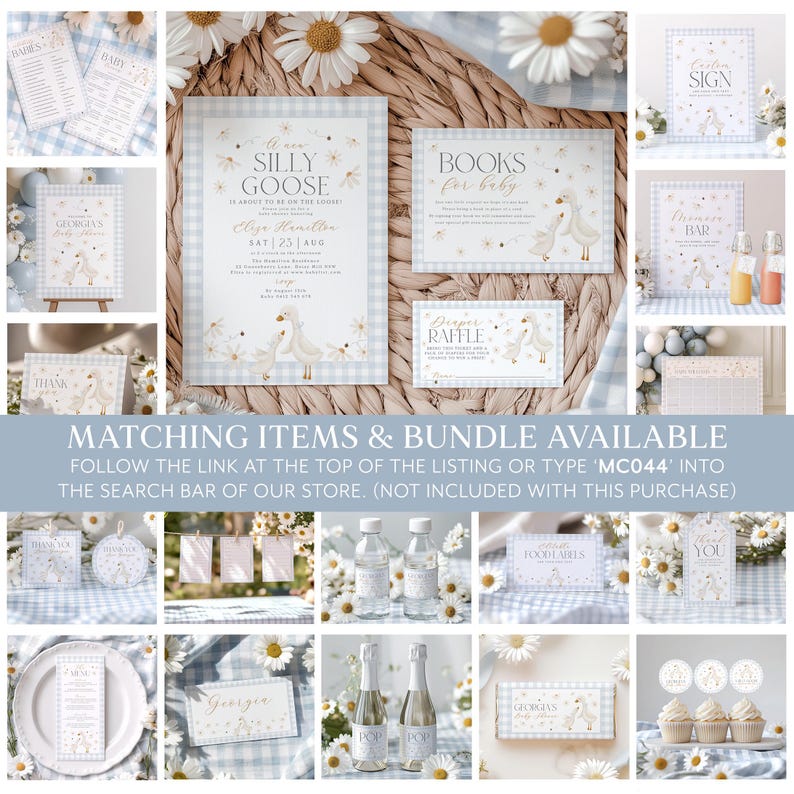 K&ouml;nnte beinhalten: Eine Collage von Bildern mit einem Babyparty-Thema mit einem albernen G&auml;nse-Design. Die Bilder beinhalten Einladungen, Lebensmitteletiketten, ein Wickel-Tombola-Schild, ein Willkommens-Schild und ein B&uuml;cher-f&uuml;r-Baby-Schild. Das Farbschema ist blau und wei&szlig; mit einem Hauch von Gold.