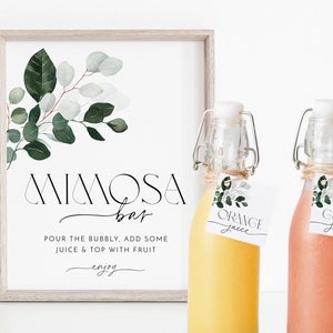 Mimosa Bar Sign, Greenery Mimosa Bar Sign, Bridal Shower Mimosa Bar Sign, Eucalyptus Leaf Mimosa Sign, Juice Labels, Mimosa and Juice Labels