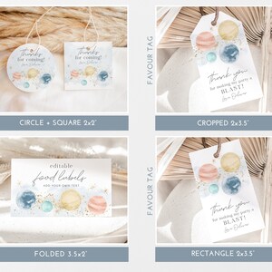 May include: Printable space-themed party favour tags in various shapes and sizes. The tags feature watercolour planets, gold glitter, and the text "Thanks for coming!" or "Thank you for making my party a BLAST!"