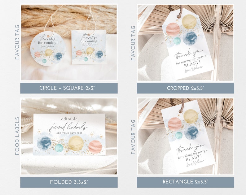 May include: Printable space-themed party favour tags in various shapes and sizes. The tags feature watercolour planets, gold glitter, and the text "Thanks for coming!" or "Thank you for making my party a BLAST!"
