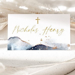Christening Place Card Template, Printable Place Cards, Baptism Place Cards, Navy and Gold, Navy Boy's Christening Place Cards, Navy