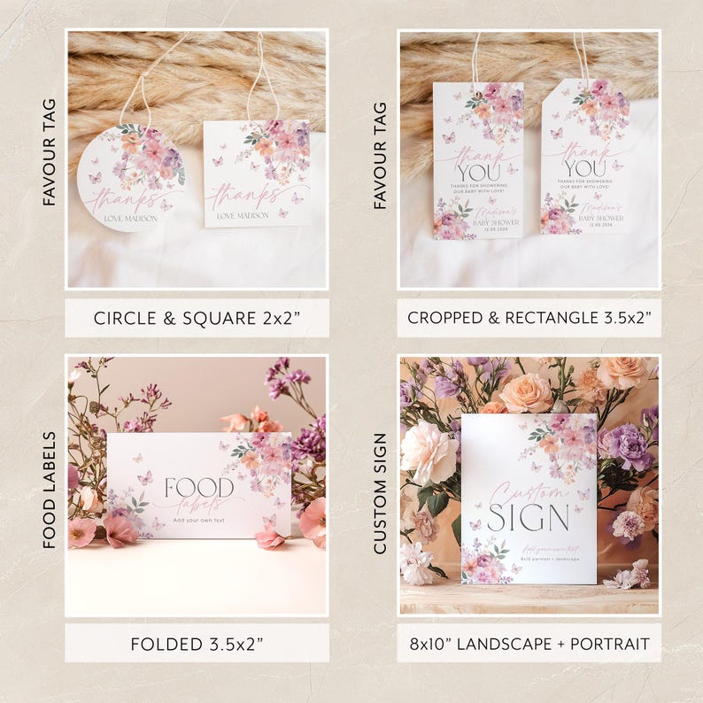 Pu&ograve; includere: Un set di design digitali stampabili per un baby shower o una festa. I design presentano un motivo floreale ad acquerello con farfalle e il testo "Grazie" e "Tavolo del cibo". I design sono disponibili in varie dimensioni e formati, tra cui cerchio, quadrato, rettangolo e piegato.