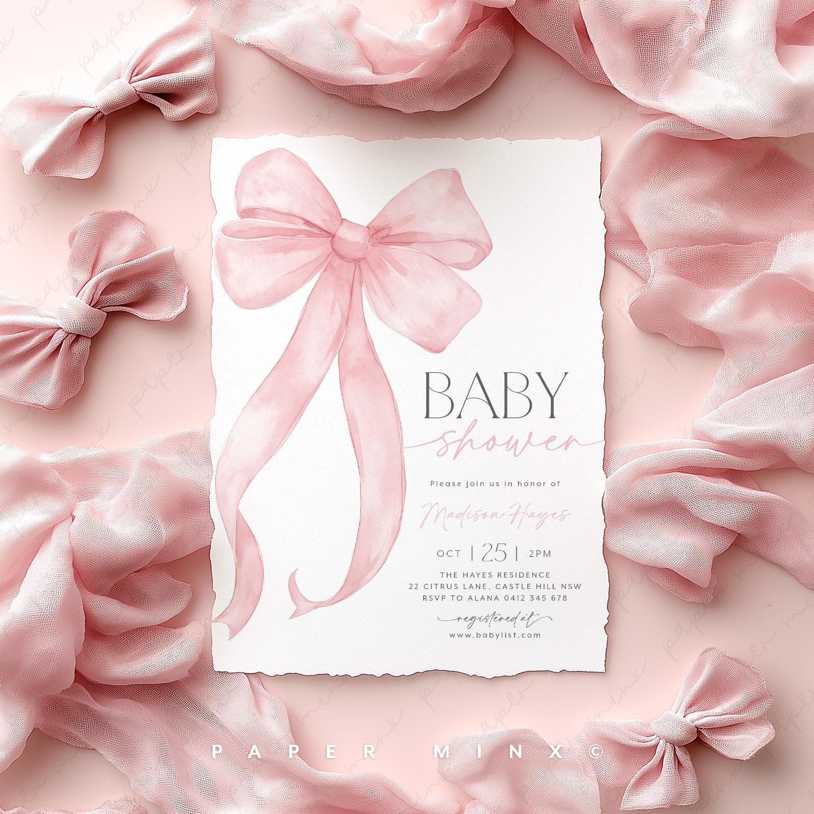 Pink Bow Baby Shower Invitation Template Printable, Baby Girl, Pink ...