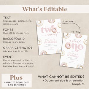 May include: Editable printable invitation template for a child's birthday party. The design features pink and white donut illustrations with sprinkles. The text says "She is two sweet" and "Harper's 2nd Birthday".