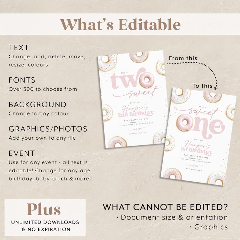 May include: Editable printable invitation template for a child's birthday party. The design features pink and white donut illustrations with sprinkles. The text says "She is two sweet" and "Harper's 2nd Birthday".