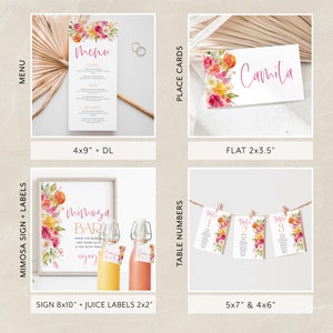 Puede incluir: Un conjunto de papeler&iacute;a de boda imprimible con un tema floral. El conjunto incluye un men&uacute;, tarjetas de lugar, n&uacute;meros de mesa, un cartel de barra de mimosa y etiquetas para zumo. El dise&ntilde;o floral presenta flores rosas, naranjas y amarillas con hojas verdes.