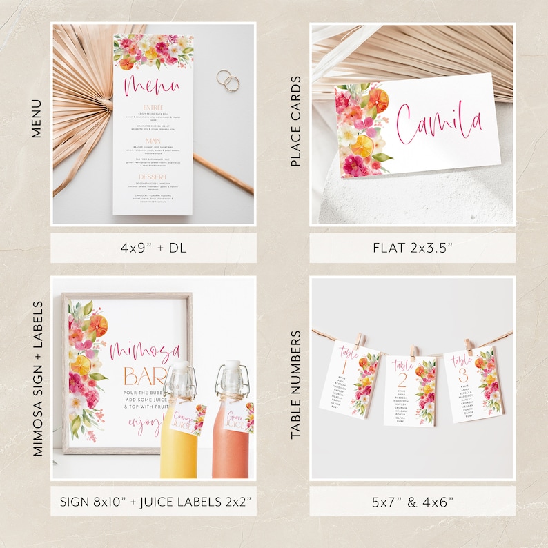 Puede incluir: Un conjunto de papeler&iacute;a de boda imprimible con un tema floral. El conjunto incluye un men&uacute;, tarjetas de lugar, n&uacute;meros de mesa, un cartel de barra de mimosa y etiquetas para zumo. El dise&ntilde;o floral presenta flores rosas, naranjas y amarillas con hojas verdes.