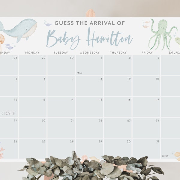 Under the Sea Baby Due Date Calendar, Guess the Due Date, Birth Date Sign, Baby Arrival Sign Printable, Ocean Animals Birthday Guessing Game