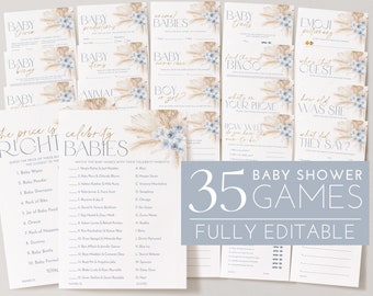 Blue Boho Baby Shower Games, Boy Baby Shower Games, Boho Game Printable Templates, Boho Floral Games, Advice, Bingo, Trivia, Predictions