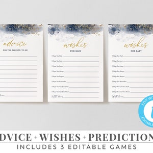 Jeux pour baby shower, baby shower de garçons à imprimer, pack de jeux, cartes de conseils pour bébé, cartes de voeux, carte de prédictions, jeux de baby shower bleu marine et doré