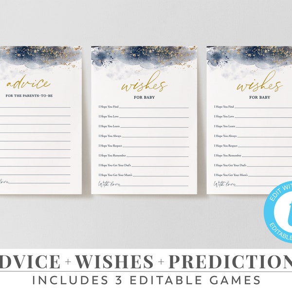 Baby Shower Games, Printable Baby Shower Boy, Games Pack, Baby Advice Cards, Wishes Cards, Predictions Card, Navy and Gold Baby Shower Games