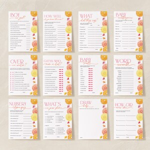 May include: A set of ten printable baby shower game cards featuring a citrus fruit theme. The cards are decorated with watercolor illustrations of oranges, lemons, and limes. The games include "Boy or Girl?", "How Well Do You Know the Mom?", "What Did They Say?", "Baby Superlatives", "Over or Under?", "Guess Who: Mom or Dad?", "Baby Traits", "Word Scramble", "Nursery Rhyme Guess", "What's on Your Phone", "Draw Baby", and "How Old Was the Mom?"