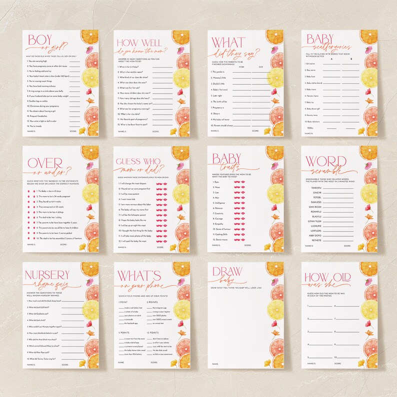 May include: A set of ten printable baby shower game cards featuring a citrus fruit theme. The cards are decorated with watercolor illustrations of oranges, lemons, and limes. The games include "Boy or Girl?", "How Well Do You Know the Mom?", "What Did They Say?", "Baby Superlatives", "Over or Under?", "Guess Who: Mom or Dad?", "Baby Traits", "Word Scramble", "Nursery Rhyme Guess", "What's on Your Phone", "Draw Baby", and "How Old Was the Mom?"