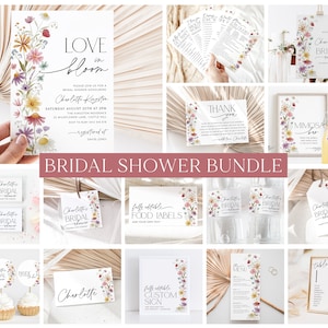 May include: A bridal shower bundle with a floral theme. The bundle includes invitations, thank you cards, food labels, signage, and other printable items. The design features a watercolor floral pattern with pink, yellow, and purple flowers.