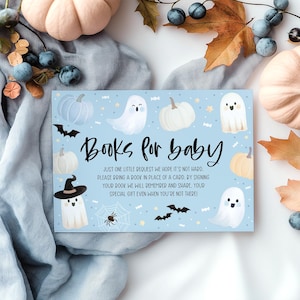 Halloween Books For Baby Card Printable, Baby Shower Book Request Card, Blue Halloween Baby Shower Book For Baby Insert, Halloween Blue Boy