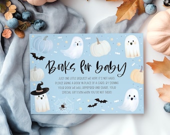 Halloween Books For Baby Card Printable, Baby Shower Book Request Card, Blue Halloween Baby Shower Book For Baby Insert, Halloween Blue Boy