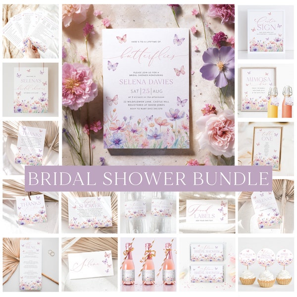Lifetime of Butterflies Bridal Shower Invitation Bundle, Butterfly Bridal Shower Games Editable, Printable Bridal Shower Bundle Butterflies