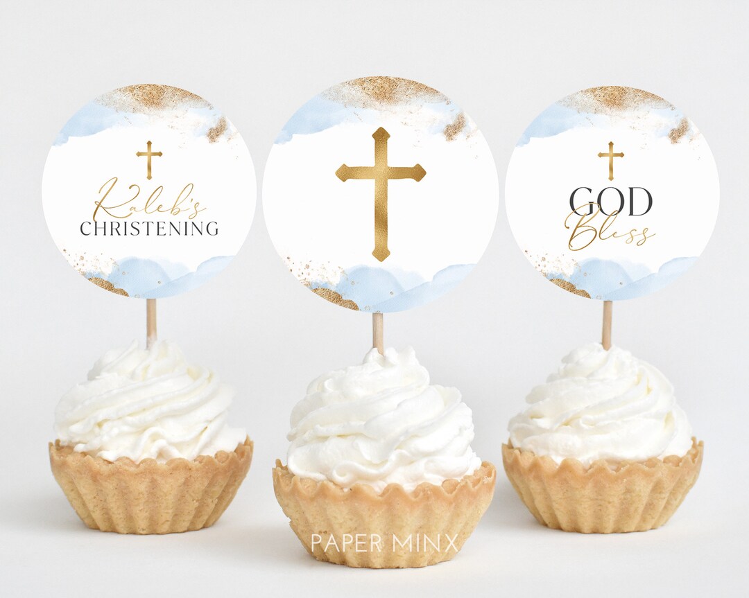 Baptism Cupcake Toppers, Christening Cupcake Toppers, Printable Blue