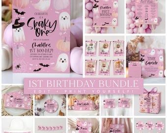 Halloween 1st Birthday Invitation Bundle Pink, Halloween Spooky One Invite Girl, Halloween 1st Birthday Party Decorations Printable Pink