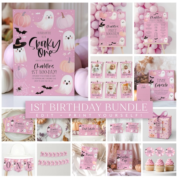Halloween 1st Birthday Invitation Bundle Pink, Halloween Spooky One Invite Girl, Halloween 1st Birthday Party Decorations Printable Pink