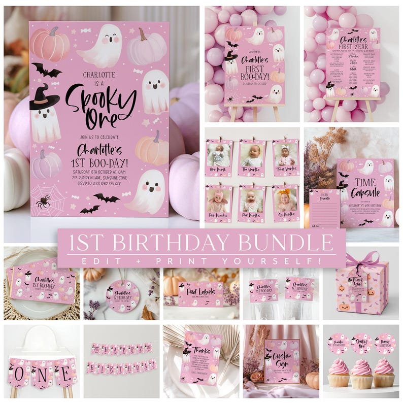 May include: A pink and white printable 1st birthday party bundle with a spooky ghost theme. The bundle includes invitations, banners, food labels, cupcake toppers, a time capsule, and more. The text on the invitation reads "Charlotte is a Spooky One".