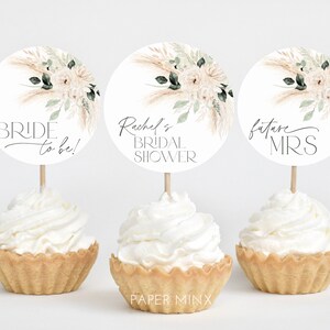 Boho Cupcake Toppers, Bridal Shower Cupcake Toppers, Printable Boho Floral Cupcake Topper, Editable Cupcake, Boho Bridal Decor Greenery