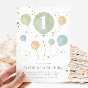 1st Birthday Boy Invitation, Balloons First Birthday Invite 1st Birthday Boy Green Birthday Invitation Boy Printable Editable Invitation Boy