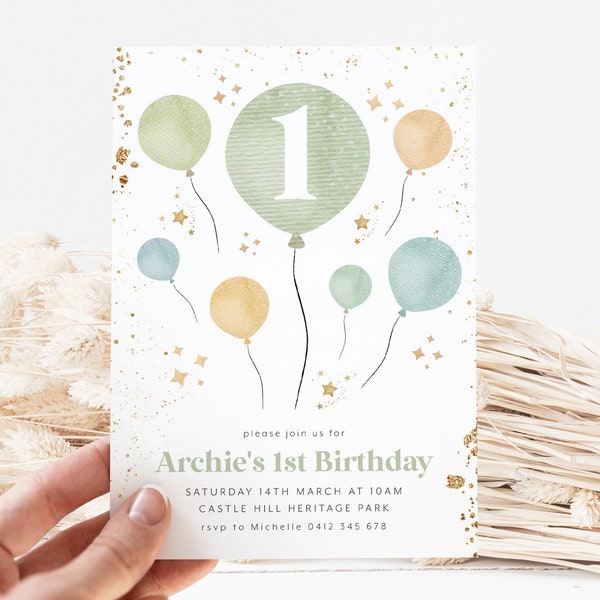 1st Birthday Boy Invitation, Balloons First Birthday Invite 1st Birthday Boy Green Birthday Invitation Boy Printable Editable Invitation Boy