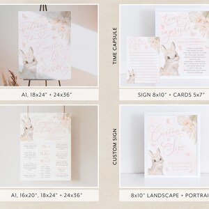 K&ouml;nnte beinhalten: Druckbare digitale Dateien f&uuml;r eine Babyparty oder Geburtstagsfeier. Das Set beinhaltet ein Willkommens-Schild, ein Meilenstein-Schild, ein Zeitkapsel-Schild und ein individuelles Schild. Die Schilder zeigen ein s&uuml;&szlig;es Kaninchen mit rosa floralen Akzenten. Die Schilder sind in verschiedenen Gr&ouml;&szlig;en erh&auml;ltlich, darunter 18x24 Zoll, 24x36 Zoll, 16x20 Zoll und 8x10 Zoll.