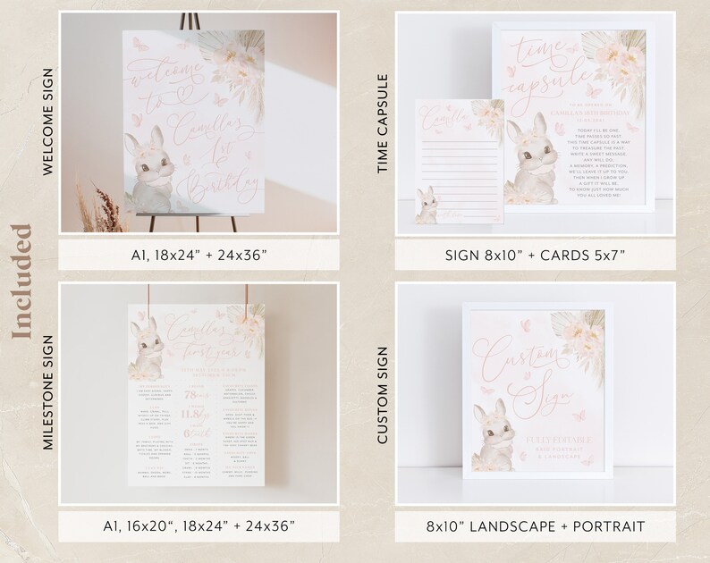 K&ouml;nnte beinhalten: Druckbare digitale Dateien f&uuml;r eine Babyparty oder Geburtstagsfeier. Das Set beinhaltet ein Willkommens-Schild, ein Meilenstein-Schild, ein Zeitkapsel-Schild und ein individuelles Schild. Die Schilder zeigen ein s&uuml;&szlig;es Kaninchen mit rosa floralen Akzenten. Die Schilder sind in verschiedenen Gr&ouml;&szlig;en erh&auml;ltlich, darunter 18x24 Zoll, 24x36 Zoll, 16x20 Zoll und 8x10 Zoll.