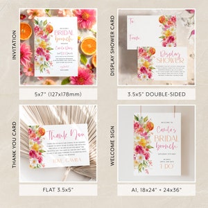 Puede incluir: Un conjunto de invitaciones de despedida de soltera, tarjetas de agradecimiento y letreros de bienvenida imprimibles. El dise&ntilde;o presenta un patr&oacute;n floral de acuarela con naranjas y flores rosas. El texto incluye "Bridal Brunch", "Camila's" y "Thank You".