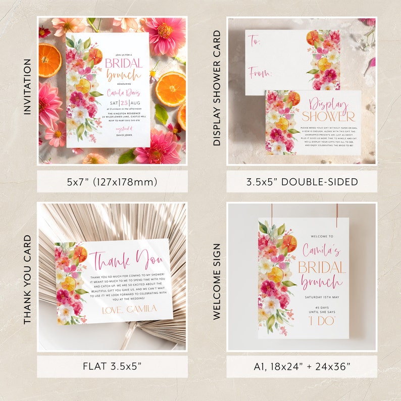 Puede incluir: Un conjunto de invitaciones de despedida de soltera, tarjetas de agradecimiento y letreros de bienvenida imprimibles. El dise&ntilde;o presenta un patr&oacute;n floral de acuarela con naranjas y flores rosas. El texto incluye "Bridal Brunch", "Camila's" y "Thank You".