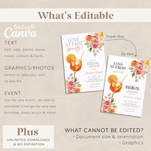 May include: Two invitation templates for a bridal shower with a watercolor design. The invitations feature a cocktail illustration with an orange slice and floral accents. Text includes "Love at First Spritz" and event details. The image also shows editable features.