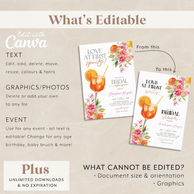 May include: Two invitation templates for a bridal shower with a watercolor design. The invitations feature a cocktail illustration with an orange slice and floral accents. Text includes "Love at First Spritz" and event details. The image also shows editable features.