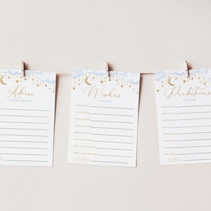 Moon Stars Baby Shower Advice Cards, Baby Shower Predictions, Baby Shower Wishes, Over the Moon Blue, Twinkle Star, Editable Games Boy Baby
