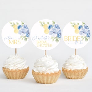 Main Squeeze Cupcake Toppers, Blue Lemon Bridal Shower Cupcake Toppers Printable, Editable Cupcake Toppers Blue Floral Citrus Bridal Cupcake