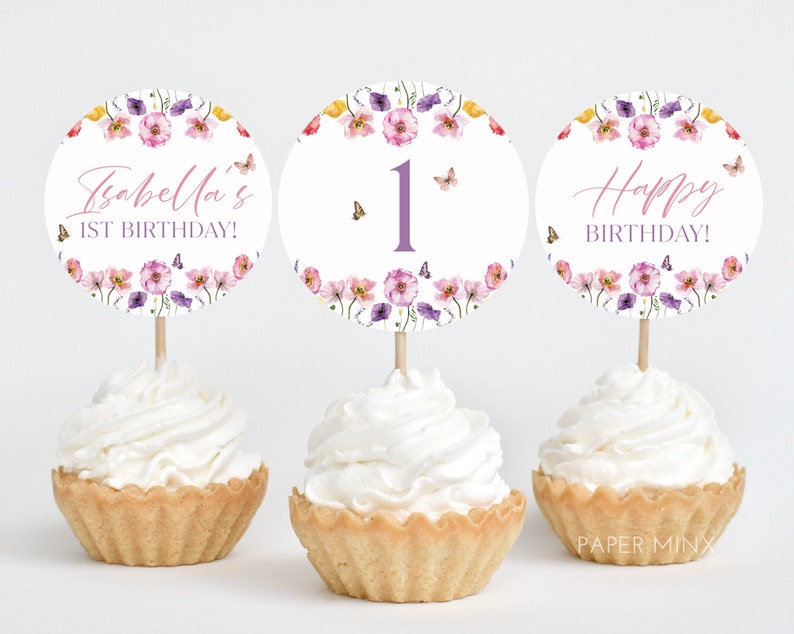 24PCS Wildflower Cupcake Toppers - Wildflower Bridal Shower Decorations, Floral Cake Decorations For Wild Flower Theme Wedding Shower Bachelorette Party Supplies